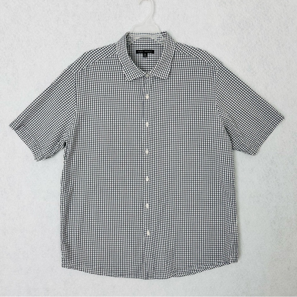 Robert Barakett Shirt Mens XXL Blue Black White Check Short Sleeve Button Up 2XL